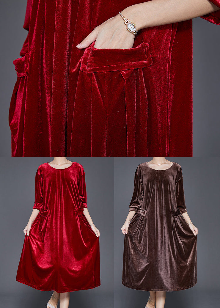 Chocolate Silk Velour Mid Dresses Oversized Pockets Fall