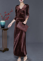 Chocolate Silm Fit Silk Velour Long Dresses V Neck Fall