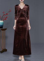 Chocolate Silm Fit Silk Velour Long Dresses V Neck Fall