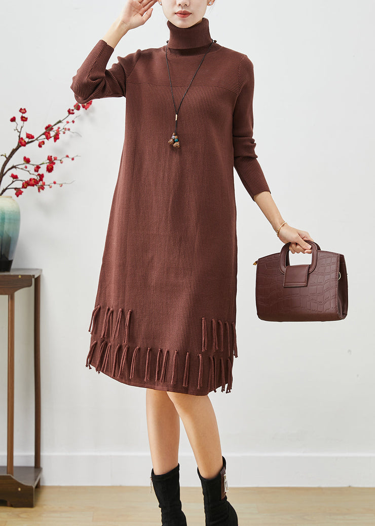 Chocolate Silm Knit Dress Tasseled Turtle Neck Fall