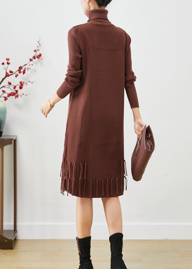 Chocolate Silm Knit Dress Tasseled Turtle Neck Fall