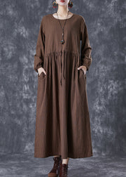 Chocolate Striped Linen Long Dress Cinched Fall