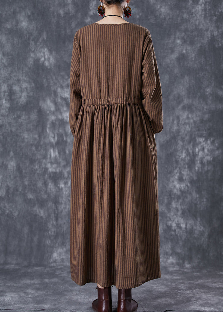 Chocolate Striped Linen Long Dress Cinched Fall