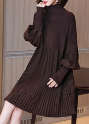 Chocolate Turtleneck Knit Long Dress Lantern Sleeve