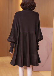 Chocolate Turtleneck Knit Long Dress Lantern Sleeve