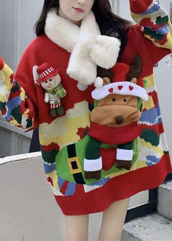 Christmas Themed Elk Sweater Women Red With Loose And Lazy Style