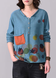 Chunky pockets prints knit t shirt Loose fitting blue v neck sweaters long sleeve