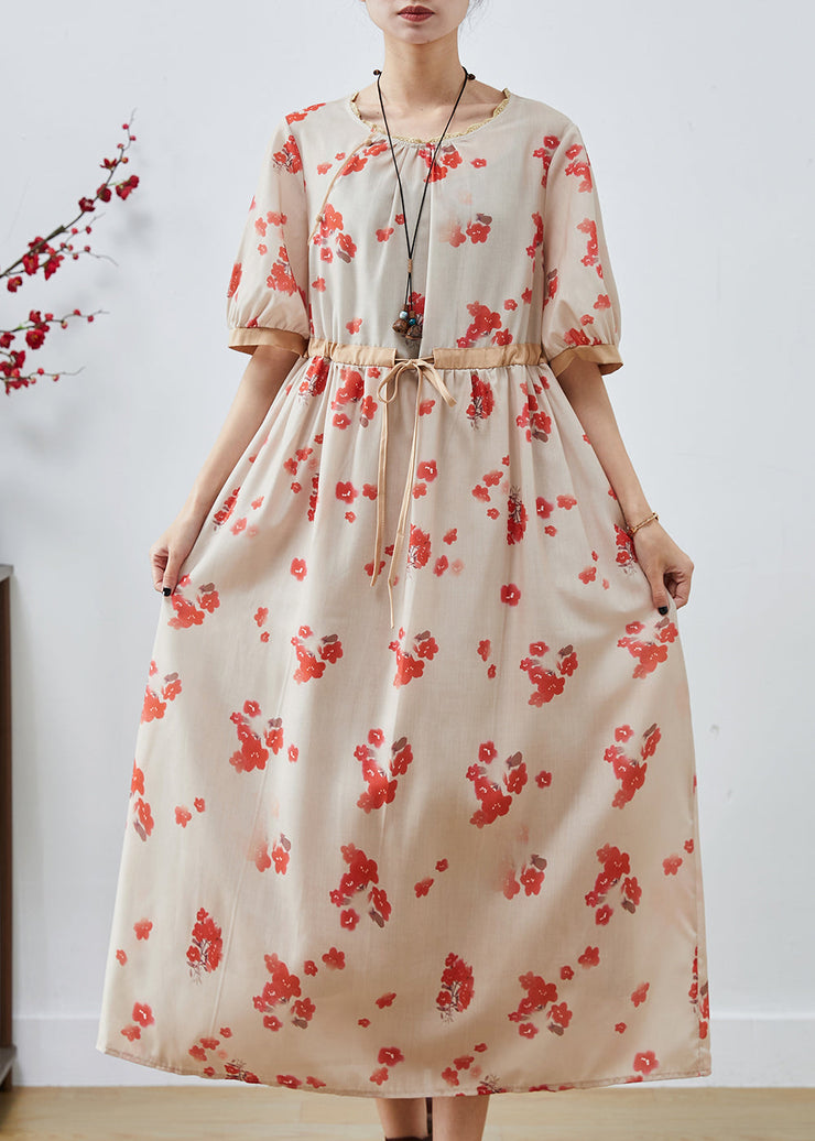 Classy Apricot Cinched Print Cotton Dresses Summer