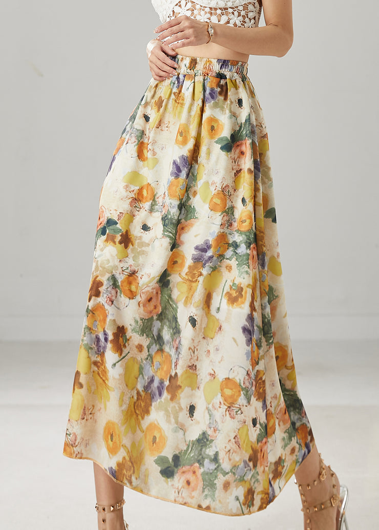 Classy Apricot Elastic Waist Print Linen Skirts Summer