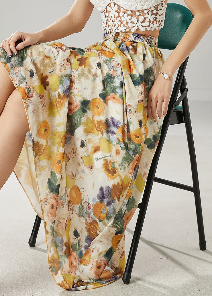 Classy Apricot Elastic Waist Print Linen Skirts Summer