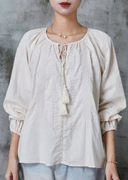 Classy Apricot Embroidered Tasseled Cotton Shirt Tops Spring