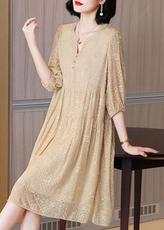 Classy Apricot Embroidered Wrinkled Silk Dresses Half Sleeve