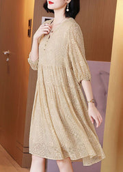 Classy Apricot Embroidered Wrinkled Silk Dresses Half Sleeve