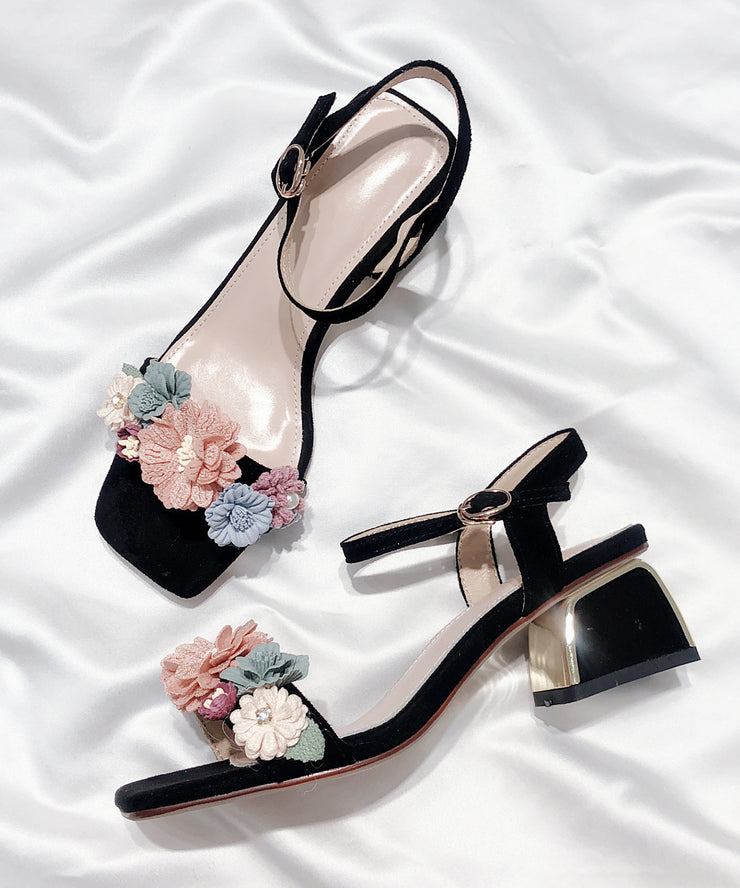 Classy Apricot Floral Buckle Strap Chunky Heel Sandals Peep Toe