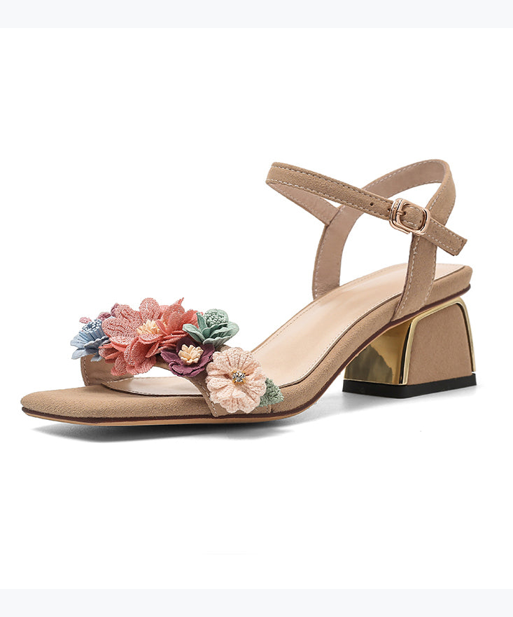 Classy Apricot Floral Buckle Strap Chunky Heel Sandals Peep Toe