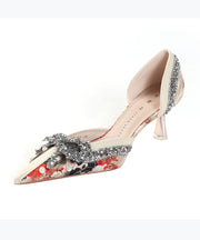 Classy Apricot Lace Bow Zircon Splicing High Heel Pointed Toe