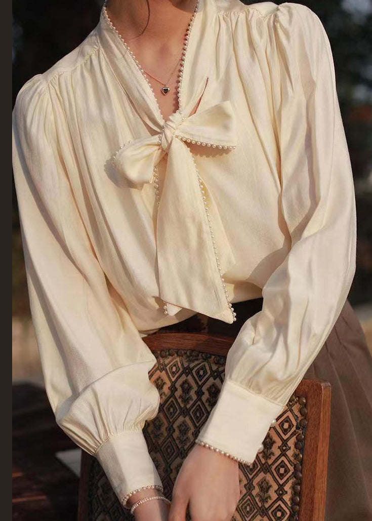 Classy Apricot Lace Up Pearl  Cotton Blouses Fall