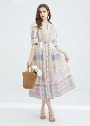 Classy Apricot Peter Pan Collar Print Sashes Patchwork Cotton Dresses Summer