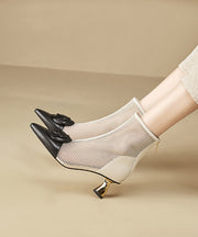 Classy Apricot Tulle Splicing Cowhide Leather Hollow Out High Heel Boots