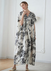 Classy Apricot V Neck Print Patchwork Cotton Robe Dresses Summer