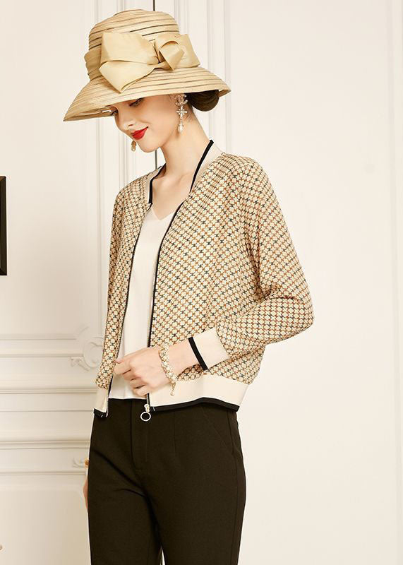 Classy Apricot V Neck Zippered Plaid Print Silk Coats Spring