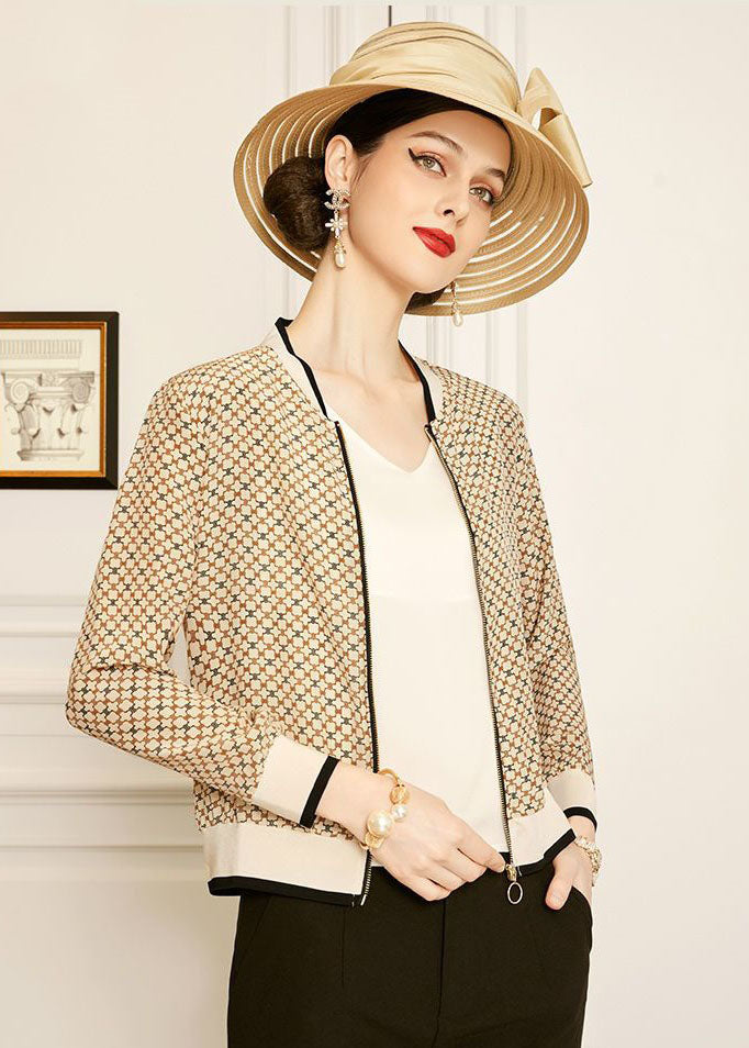 Classy Apricot V Neck Zippered Plaid Print Silk Coats Spring