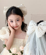 Classy Beige Alloy Tulle Bow Pearl Ribbon Headcloth Kids Hairpin