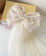 Classy Beige Alloy Tulle Bow Pearl Ribbon Headcloth Kids Hairpin