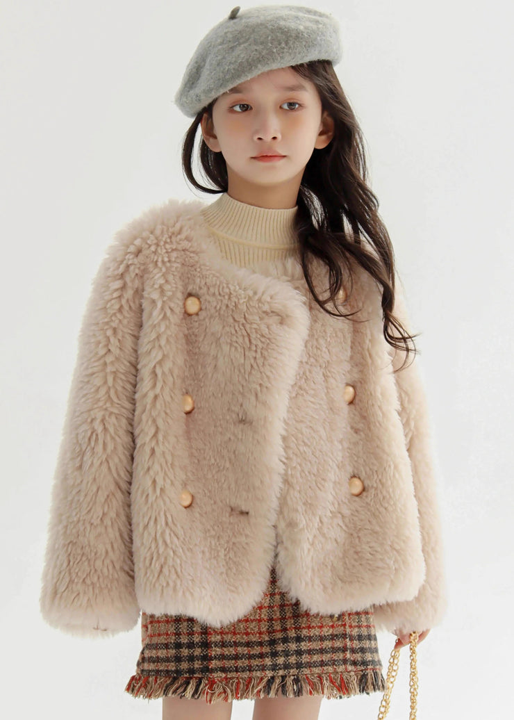 Classy Beige Button Kids Leather And Fur Coat Winter