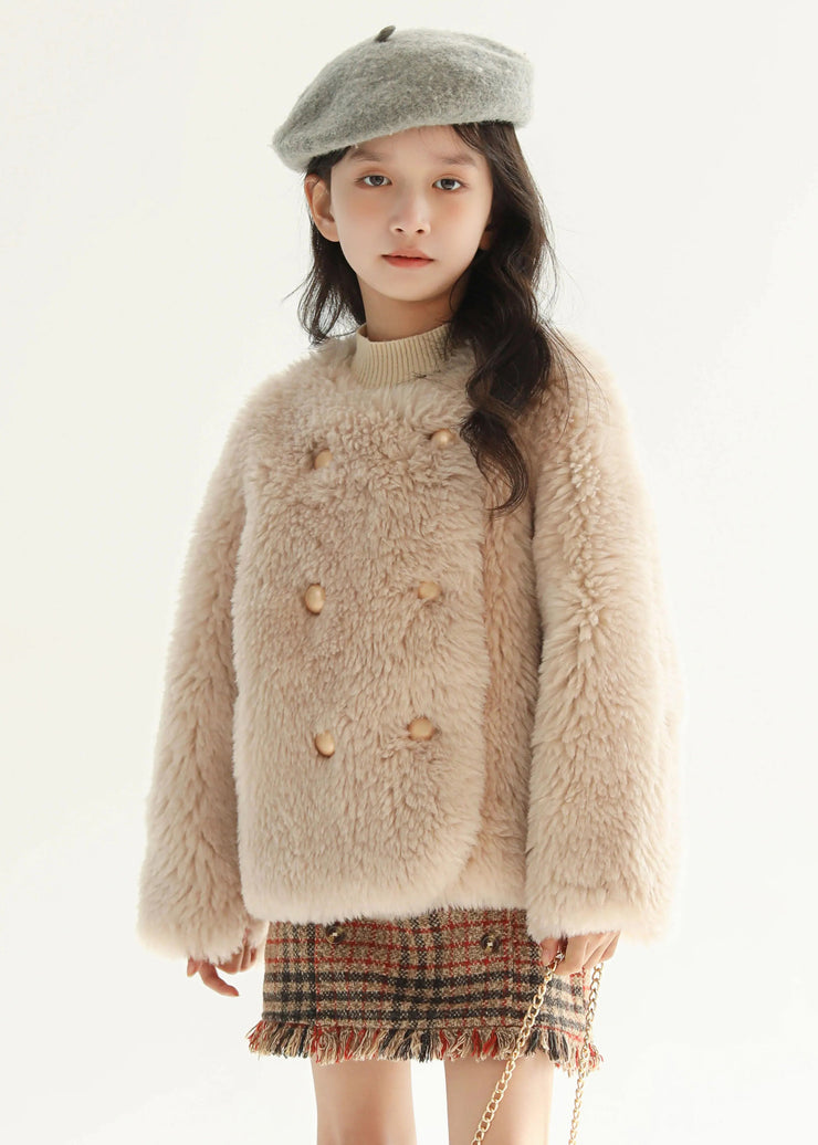 Classy Beige Button Kids Leather And Fur Coat Winter