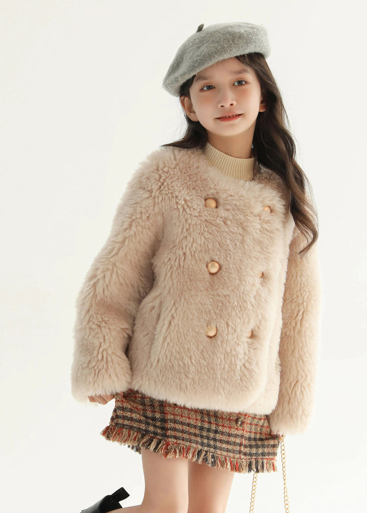 Classy Beige Button Kids Leather And Fur Coat Winter