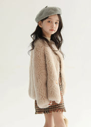 Classy Beige Button Kids Leather And Fur Coat Winter