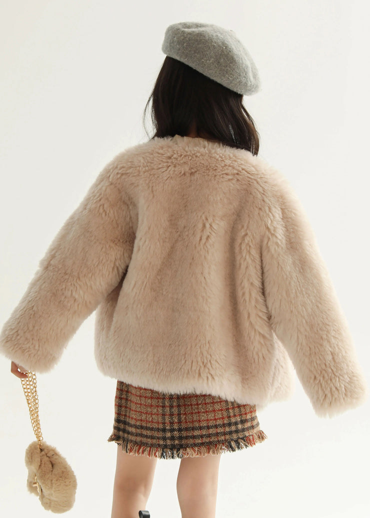 Classy Beige Button Kids Leather And Fur Coat Winter