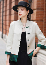 Classy Beige Chinese Button Patchwork Faux Leather Coats Spring