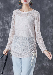 Classy Beige Cinched Hollow Out Back Button Down Lace Blouses Fall