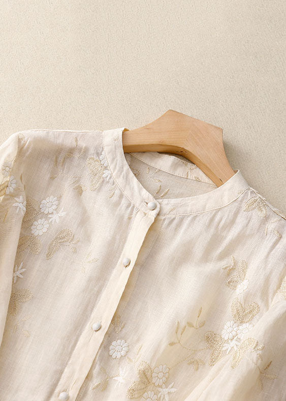 Classy Beige Embroidered Button Patchwork Cotton Shirt Tops Summer