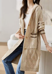 Classy Beige Hooded Pockets Knit Loose Cardigan Fall