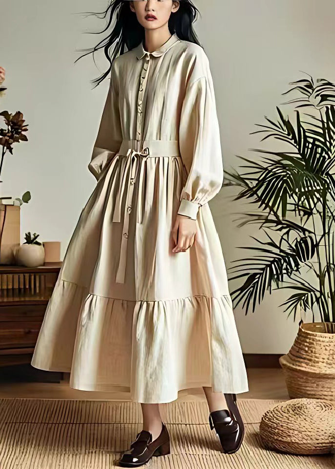 Classy Beige Lace Up Button Wrinkled Cotton Dresses Long Sleeve