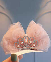 Classy Beige Metal Zircon Crown Tulle Bow Kids Hairpin