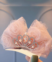 Classy Beige Metal Zircon Crown Tulle Bow Kids Hairpin