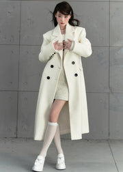 Classy Beige Notched Pockets Button Woolen Maxi Coat Fall