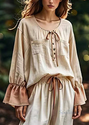 Classy Beige O Neck Lace Up Pockets Cotton Shirt Long Sleeve