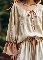 Classy Beige O Neck Lace Up Pockets Cotton Shirt Long Sleeve
