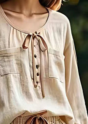 Classy Beige O Neck Lace Up Pockets Cotton Shirt Long Sleeve