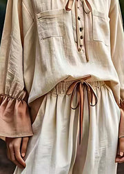 Classy Beige O Neck Lace Up Pockets Cotton Shirt Long Sleeve