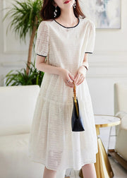 Classy Beige O Neck Plaid Patchwork Chiffon Dress Summer