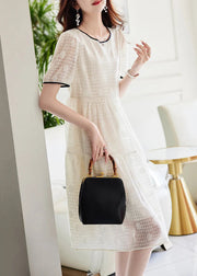 Classy Beige O Neck Plaid Patchwork Chiffon Dress Summer