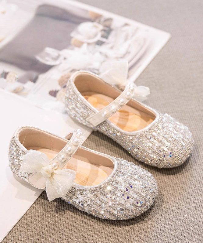 Classy Beige Pearl Bow Buckle Strap Flat Shoes For Girls