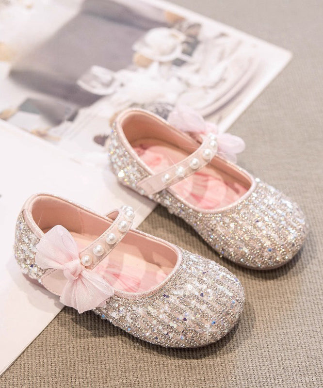 Classy Beige Pearl Bow Buckle Strap Flat Shoes For Girls