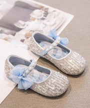 Classy Beige Pearl Bow Buckle Strap Flat Shoes For Girls